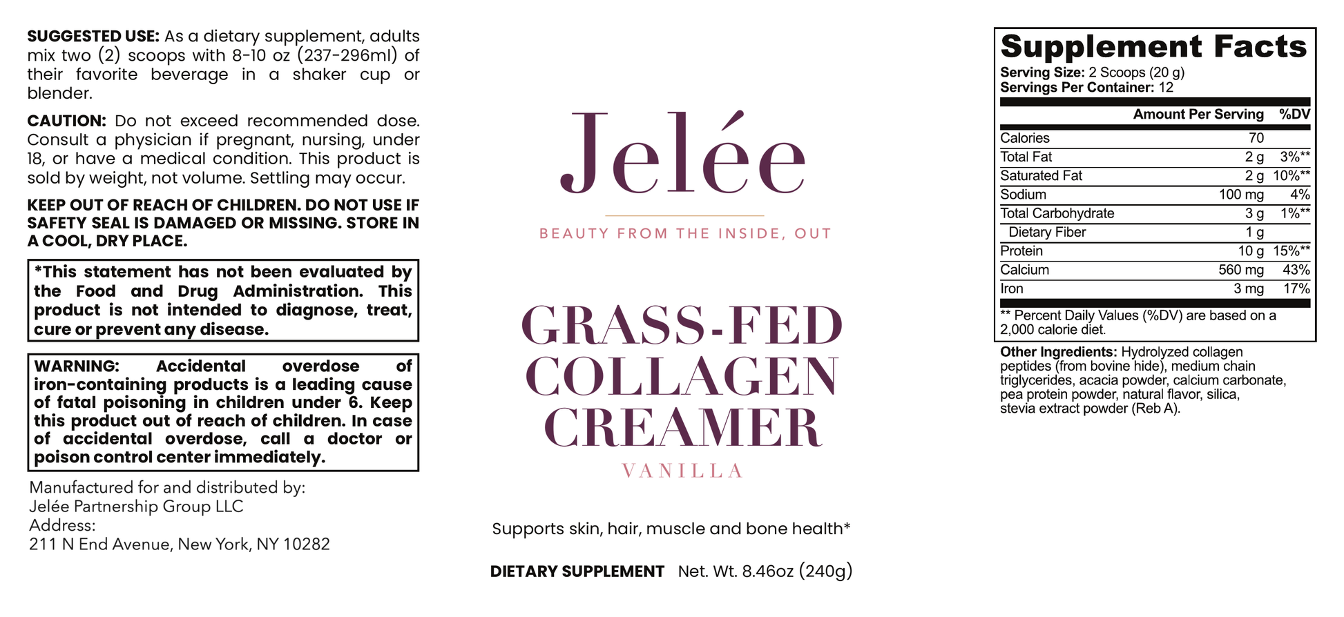 Jelée Collagen Creamer — full label, Supplement Facts and ingredients